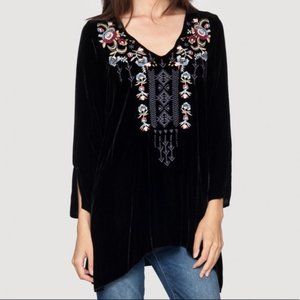 Johnny Was Silk Blend Black Velvet Embroidered Tunic Top